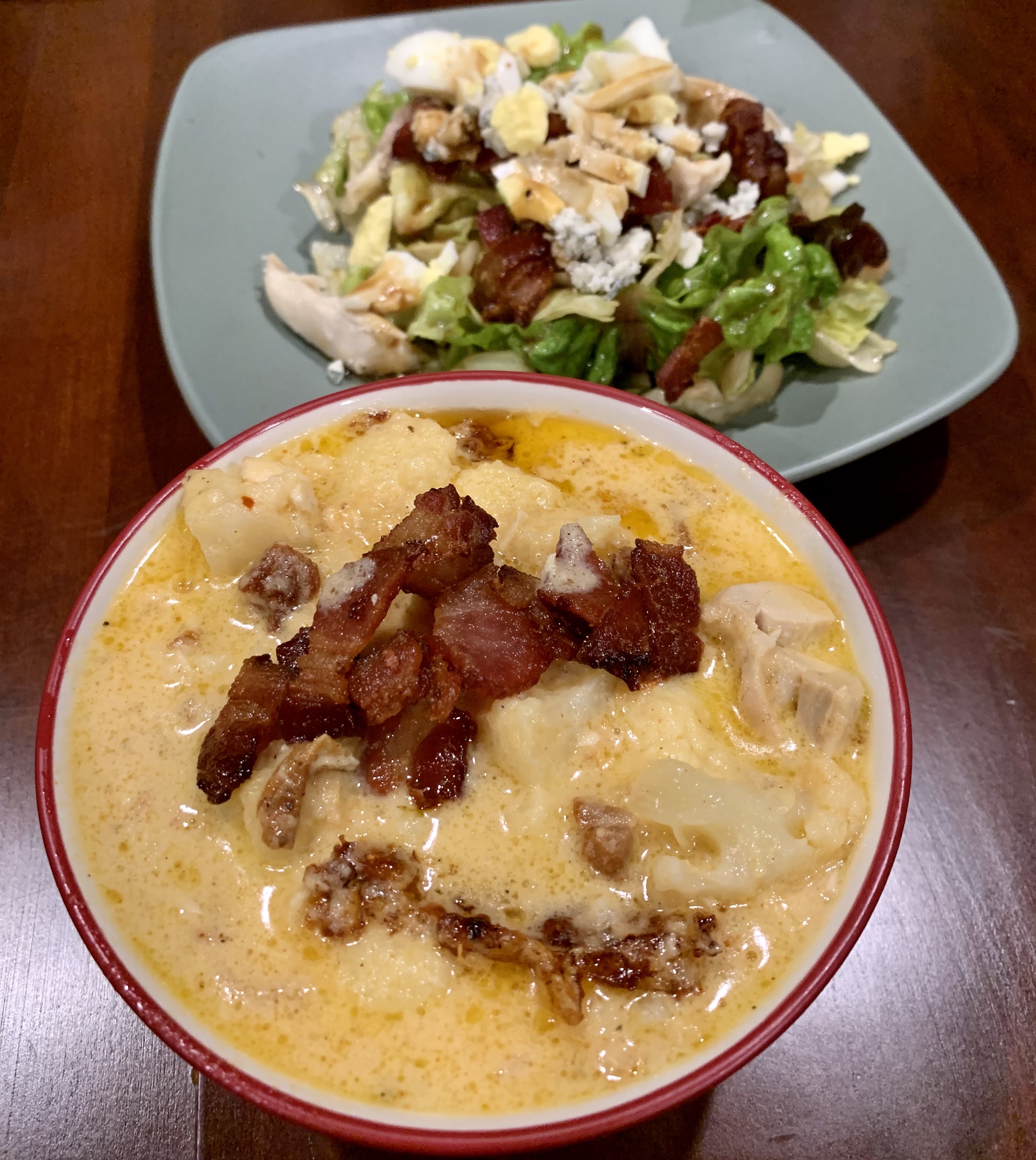 keto meal with cauliflower Mac and cheese and Cobb salad on the side