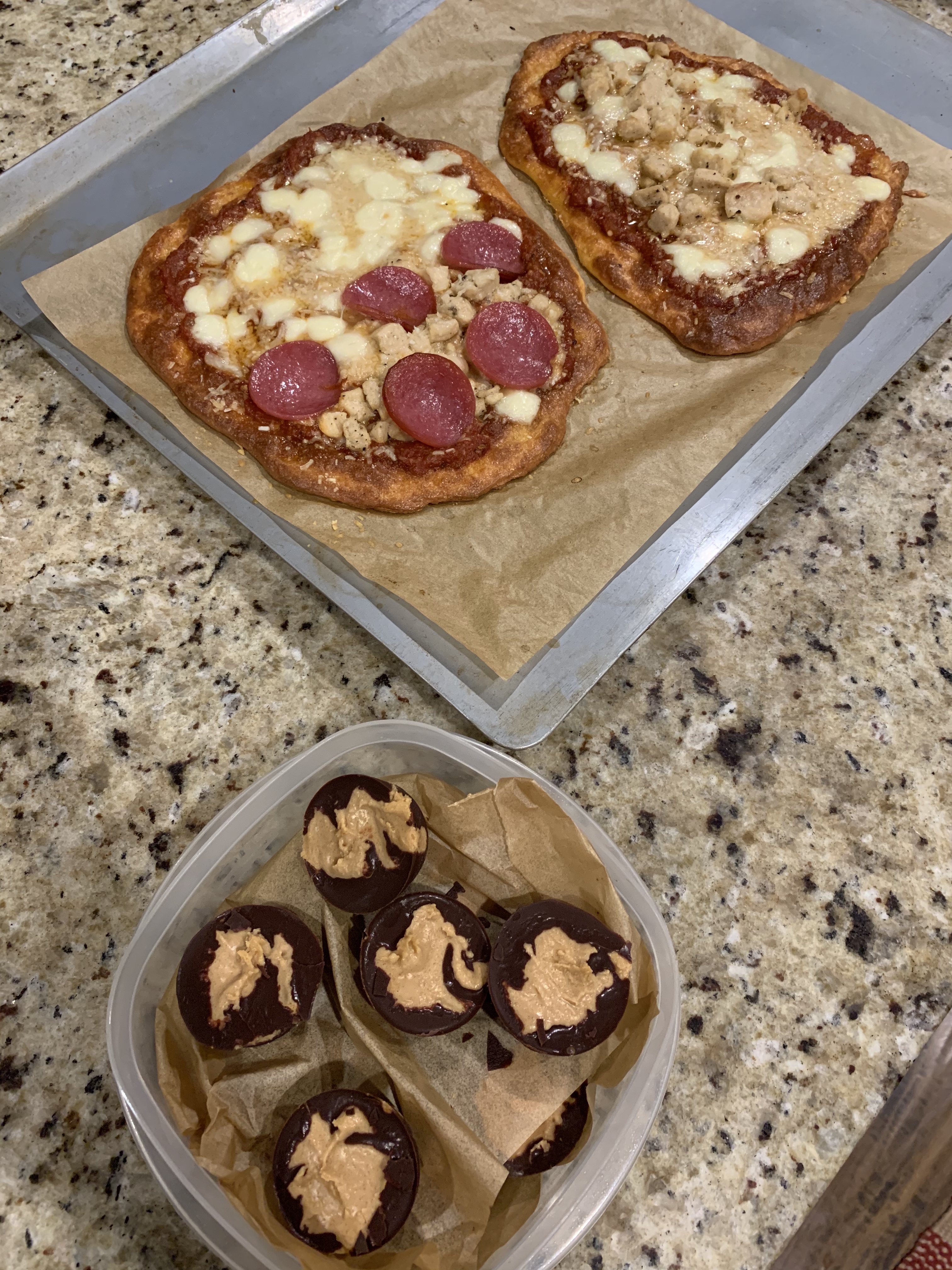 keto pizza and keto peanut butter cups, homemade from scratch cooking