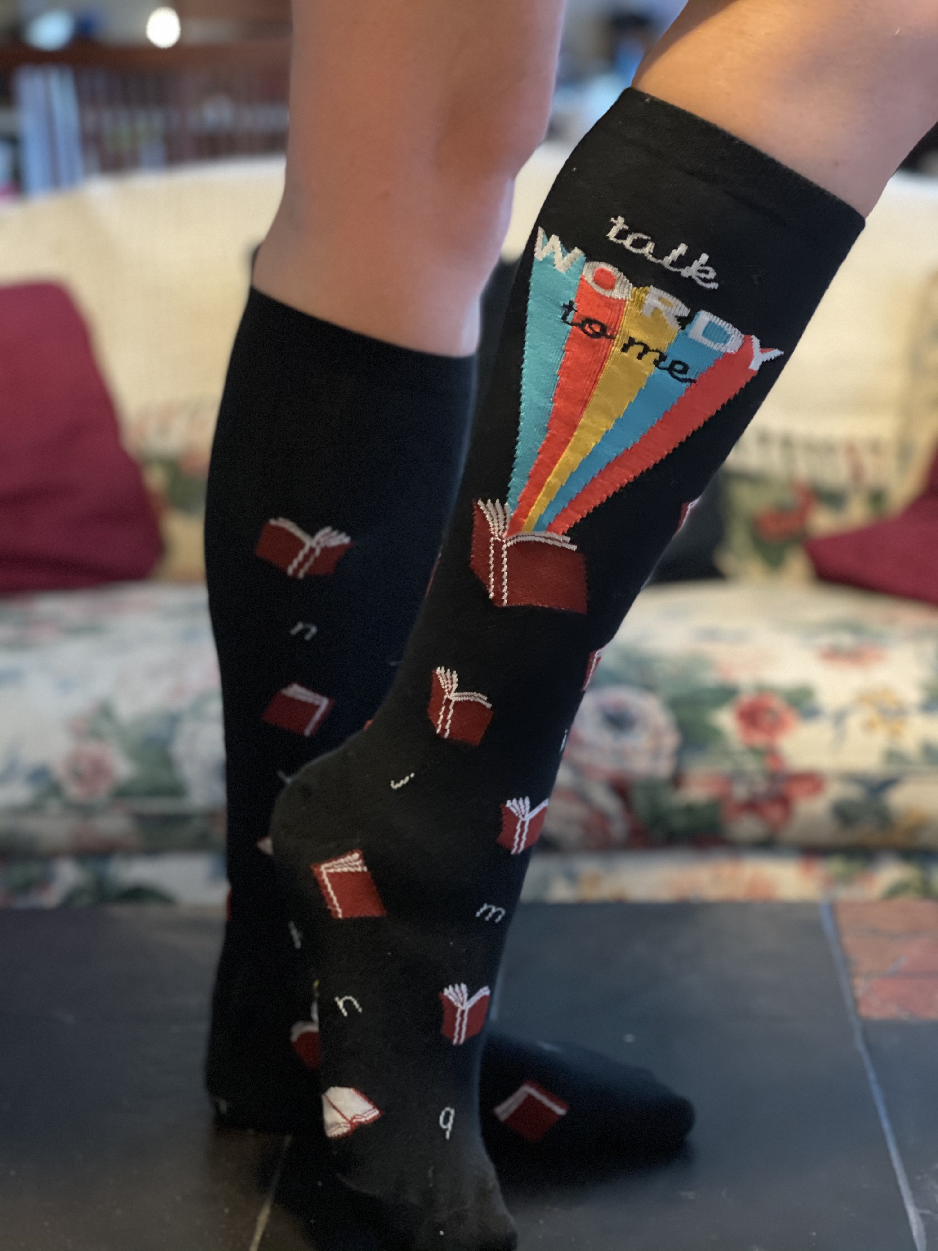 knee-high, black socks with books on them and say "Talk Wordy to Me"