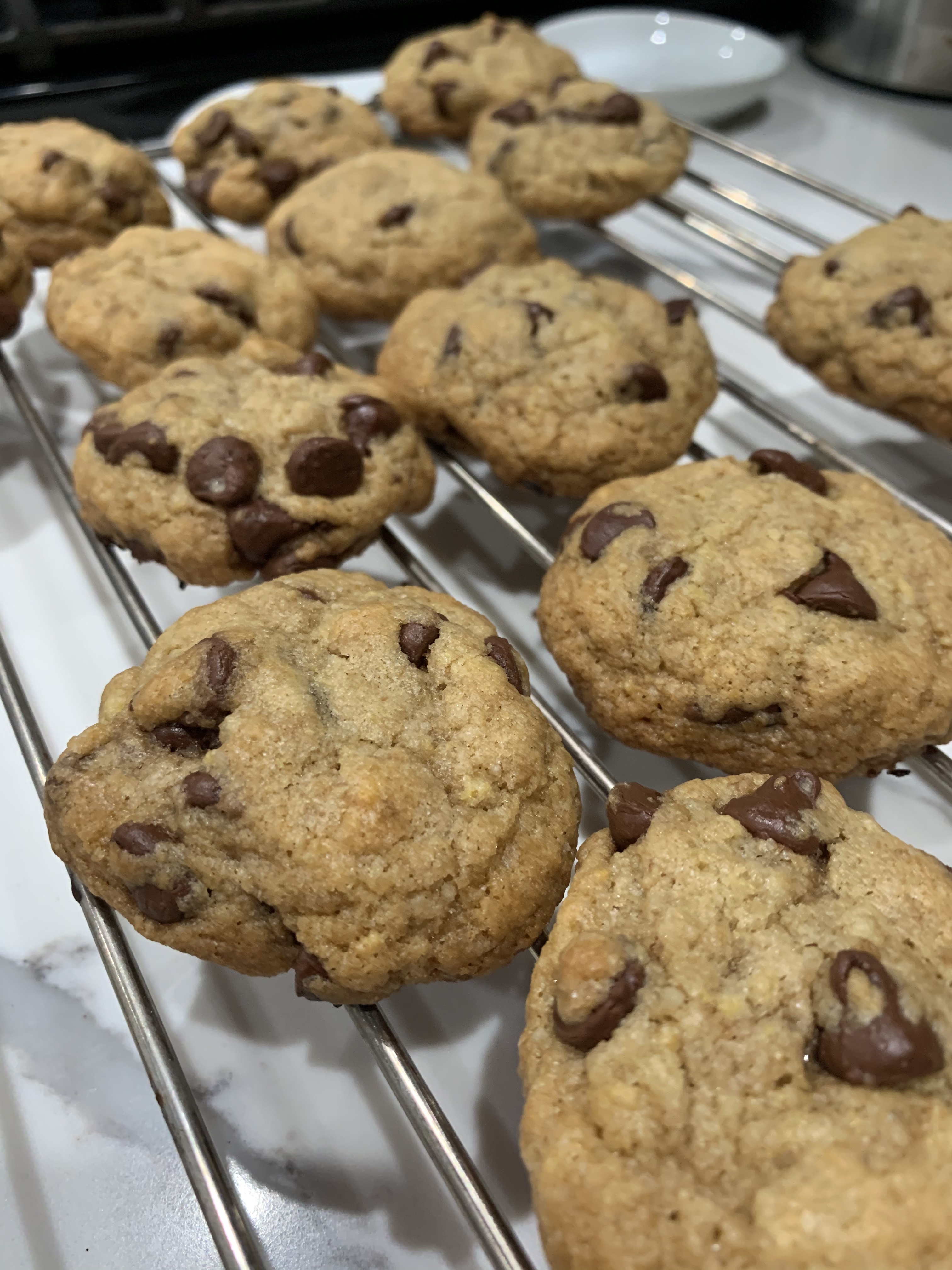 homemade chocolate chip cookies resting on a cooling rack