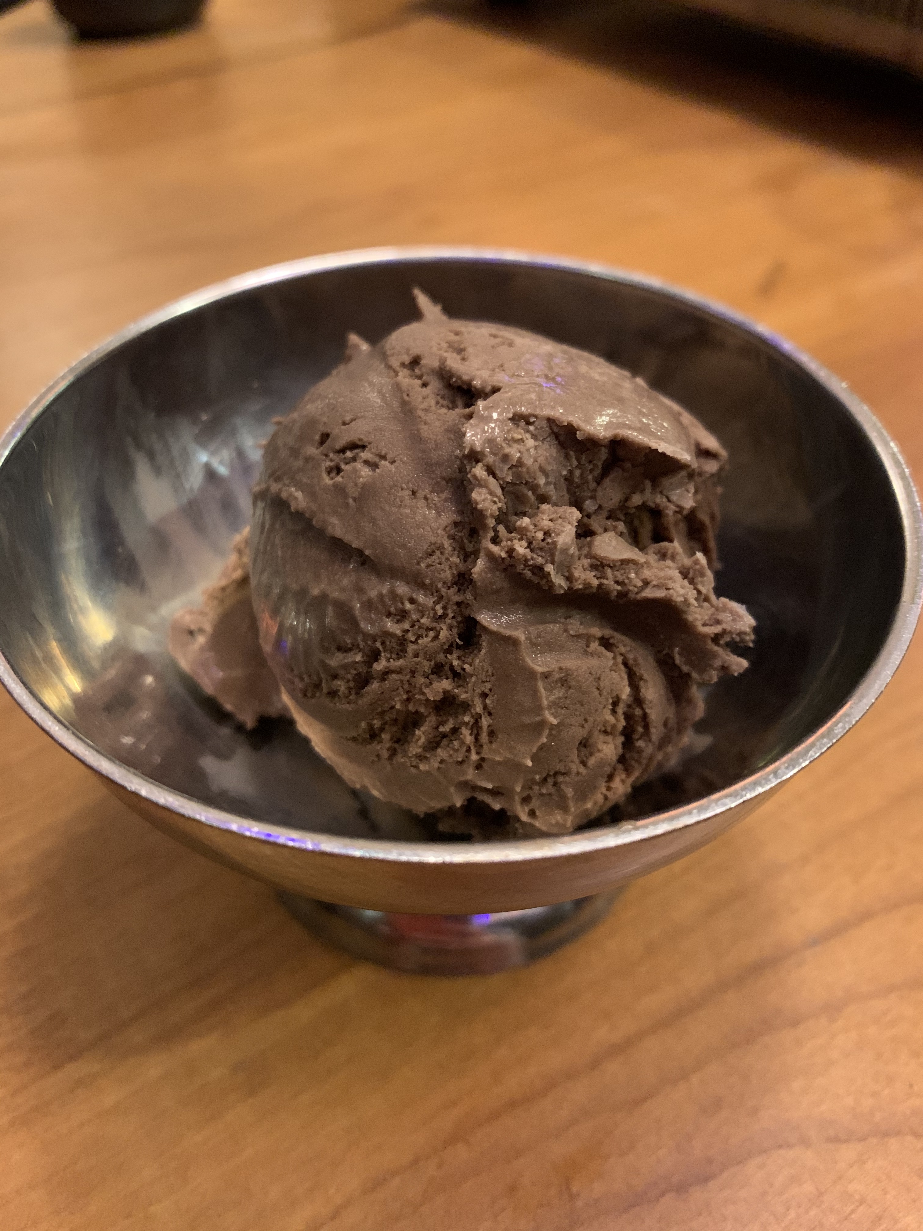 a single scoop of chocolate ice cream in a silver bowl