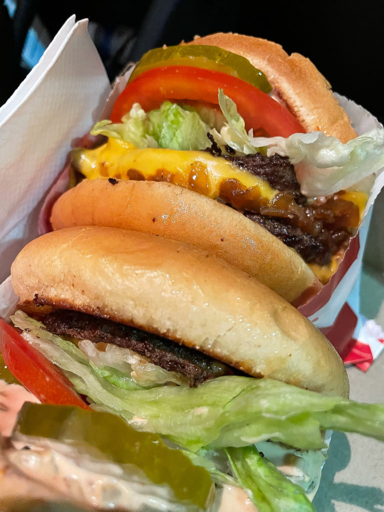 close up of two burgers (Double Double and a hamburger) from In N Out in Las Vegas